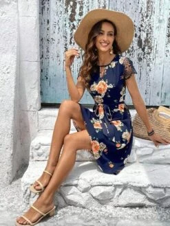 EMERY ROSE Floral Print Contrast Lace Belted Dress -Curated Swimwear 1681800230cf8feabdacc7653aaca8ac24eac1fda0 thumbnail 405x552