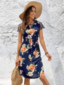 EMERY ROSE Floral Print Contrast Lace Belted Dress -Curated Swimwear 168180023343997185077c19e7195314319ebb74cc thumbnail 405x552
