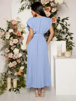 SHEIN Maternity Surplice Neck Butterfly Sleeve Pleated Hem Belted Dress