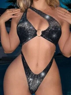 Metallic Ring Linked One Shoulder One Piece Swimsuit