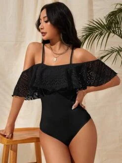Contrast Lace Ruffle Trim Cold Shoulder One Piece Swimsuit -Curated Swimwear 1681954487d79e8583821aad4dacc1aadb2a778a76 thumbnail 405x552