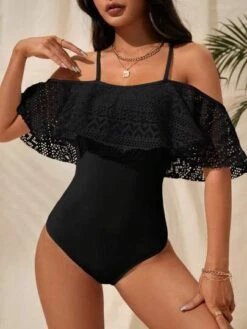 Contrast Lace Ruffle Trim Cold Shoulder One Piece Swimsuit -Curated Swimwear 1681954489b20067387af2fe37544387f6e2d4cb3c thumbnail 405x552