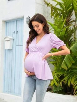 Maternity Surplice Neck Puff Sleeve Peplum Top -Curated Swimwear 16819675439d56faa1b14ca24946e58487200440d3 thumbnail 405x552