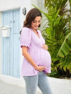 Maternity Surplice Neck Puff Sleeve Peplum Top -Curated Swimwear 168196754535be8e20b174d6339d1815f3583cced5 thumbnail 405x552