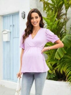 Maternity Surplice Neck Puff Sleeve Peplum Top -Curated Swimwear 16819675483ea980d531576b85cf31b3a26da402c0 thumbnail 405x552