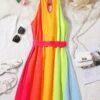SHEIN VCAY Rainbow Striped Print Belted Halter Dress -Curated Swimwear 1681972695530b0bd029420d2f78d609cf0c03ed93 thumbnail 405x552