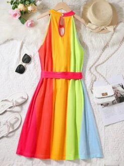 SHEIN VCAY Rainbow Striped Print Belted Halter Dress