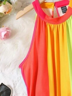 SHEIN VCAY Rainbow Striped Print Belted Halter Dress -Curated Swimwear 1681972703dd5537316e630228c5f19abba4116777 thumbnail 405x552