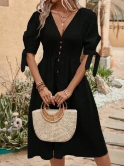 SHEIN LUNE Solid Button Front A-line Dress -Curated Swimwear 16820407542f7d0e8316652ce62b84c5fff91f0a98 thumbnail 405x552