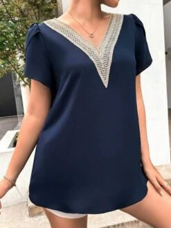 SHEIN Maternity Guipure Lace Panel Petal Sleeve Blouse