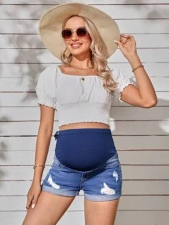 SHEIN Maternity Wideband Waist Ripped Frayed Roll Hem Denim Shorts