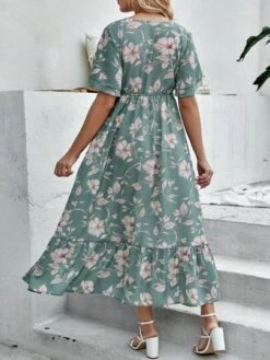 SHEIN Maternity Floral Print Butterfly Sleeve Belted Ruffle Hem Dress