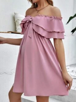 SHEIN Maternity Off Shoulder Knot Front Ruffle Trim Dress -Curated Swimwear 1682049906d9f7c604dfebcfba7a8d5a5c9433e147 thumbnail 405x552