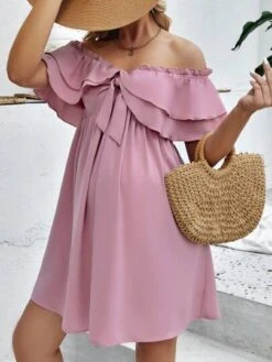 SHEIN Maternity Off Shoulder Knot Front Ruffle Trim Dress -Curated Swimwear 16820499153ef442548dc3676027fe9e97b2adf3f8 thumbnail 405x552