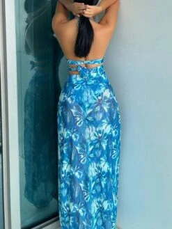 Tropical Print Push Up Bikini Swimsuit With Beach Skirt