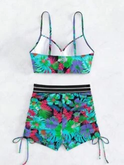 Tropical Print Push Up Shorts Bikini Swimsuit