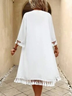 SHEIN VCAY Tassel Trim Open Front Kimono Without Cami Top