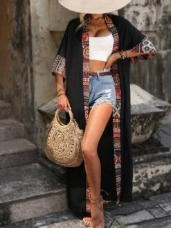 Geo Print Batwing Sleeve Open Front Kimono -Curated Swimwear 1682392438e92fcb5463093ec3997208e455a57dbe thumbnail 405x552