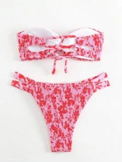 Allover Floral Print Smocked Bandeau Bikini Swimsuit