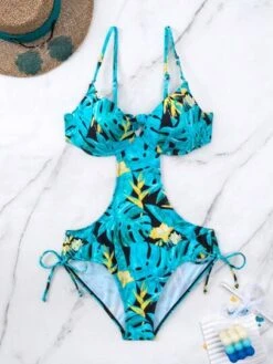 Tropical Print Cut Out Tie Side One Piece Swimsuit -Curated Swimwear 1682592248ffdb17bcc7e52df4d28738d87429ac2a thumbnail 405x552