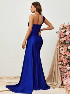 One Shoulder Draped Side Split Thigh Formal Dress