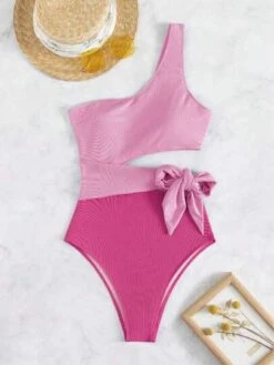 Two Tone Cut Out Knot Side One Shoulder One Piece Swimsuit -Curated Swimwear 16829904654009b5ec577a1c6d5afd936082c6ceb0 thumbnail 405x552