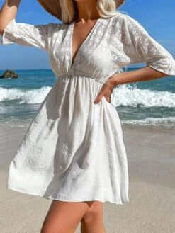 Solid Tie Back Flounce Sleeve A-line Dress -Curated Swimwear 1682991604cf8375d61f55ef5766e7898f5618e700 thumbnail 405x552