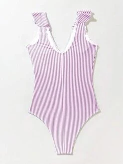 Striped Ruffle Trim One Piece Swimsuit