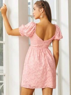 Jacquard Sweetheart Neck Puff Sleeve Knot Front Dress