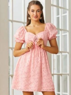 Jacquard Sweetheart Neck Puff Sleeve Knot Front Dress -Curated Swimwear 1682997948094ef2a3da0a72f52ee3c6f27ff456bd thumbnail 405x552