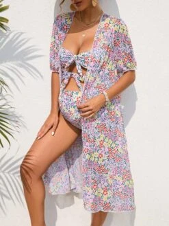 SHEIN Maternity Ditsy Floral Print Knot Front Bikini Swimsuit With Kimono -Curated Swimwear 1683253396896de0e18b32e8cc153444524cb75ce4 thumbnail 405x552