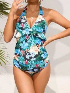 SHEIN Maternity Tropical Print Ruffle Trim Halter One Piece Swimsuit -Curated Swimwear 1683253617b682c859d537e950c8b2a33128129174 thumbnail 405x552