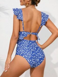 SHEIN Maternity Ditsy Floral Print Cut Out Ruffle Trim One Piece Swimsuit