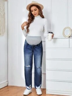 SHEIN Maternity Wideband Waist Ripped Frayed Straight Leg Jeans -Curated Swimwear 1683258429df2329e2aeb1145f63983497a8610f96 thumbnail 405x552