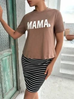 SHEIN Maternity Letter Graphic Tee & Striped Print Adjustable Waist Skirt -Curated Swimwear 16832687245501e70af88df1e85e591c6bfaf82b9a thumbnail 405x552