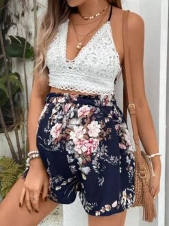 SHEIN Maternity Tie Backless Lace Halter Top & Floral Print Paperbag Waist Shorts -Curated Swimwear 16832733821e13d0fc408ecf918d18106b13afded7 thumbnail 405x552