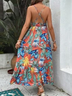 SHEIN Maternity Tropical Print Crisscross Backless Ruffle Hem Cami Dress