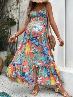 SHEIN Maternity Tropical Print Crisscross Backless Ruffle Hem Cami Dress -Curated Swimwear 168327349771859c9dad106cc7a073b9dadeccb889 thumbnail 405x552