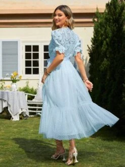 Guipure Lace Insert Belted Ruffle Hem Mesh Dress