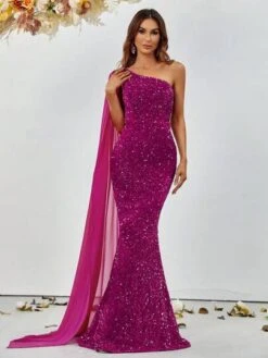 One Shoulder Contrast Mesh Cloak Sleeve Sequin Formal Dress -Curated Swimwear 1683427157ec56b23d87613668a195940cf3a8c470 thumbnail 405x552