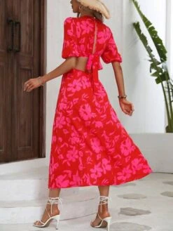 SHEIN VCAY Floral Print Cut Out Waist Plunging Neck Dress