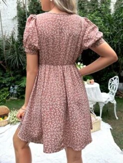 SHEIN Maternity Ditsy Floral Print Puff Sleeve Knot Front Dress