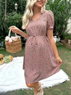 SHEIN Maternity Ditsy Floral Print Puff Sleeve Knot Front Dress -Curated Swimwear 16835489330a780e0659d5dfd37cd7e50f1344dab3 thumbnail 405x552