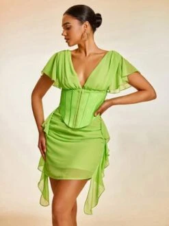 Plunging Neck Butterfly Sleeve Ruffle Trim Corset Detail Mesh Dress -Curated Swimwear 1683618710a2d3d7f093faac3ca88353847cf0c8ab thumbnail 405x552