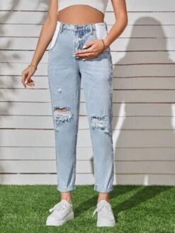 SHEIN Maternity High Waist Ripped Mom Fit Jeans