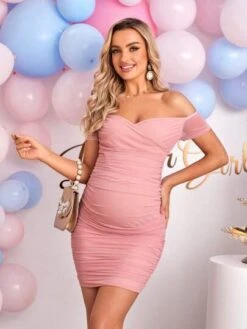 SHEIN Maternity Off Shoulder Ruched Mesh Bodycon Dress -Curated Swimwear 16836828042a9c1984fb3883c7882181d70d97be36 thumbnail 405x552