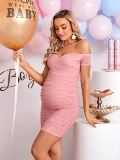 SHEIN Maternity Off Shoulder Ruched Mesh Bodycon Dress -Curated Swimwear 1683682809516f402cdb6118a1dc2d02e6bb4ca866 thumbnail 405x552