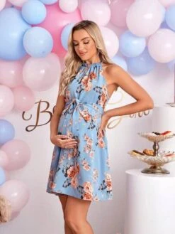 SHEIN Maternity Floral Print Belted Halter Dress -Curated Swimwear 1683682893680862586e95f585890d7dda2265937b thumbnail 405x552