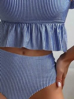 Striped Ruffle Trim High Waisted Bikini Swimsuit -Curated Swimwear 16837164067e9661e759a300b191e0f80cd6e1e5f7 thumbnail 405x552