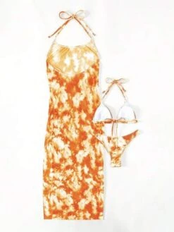 Tie Dye Halter Triangle Bikini Swimsuit With Cover Up